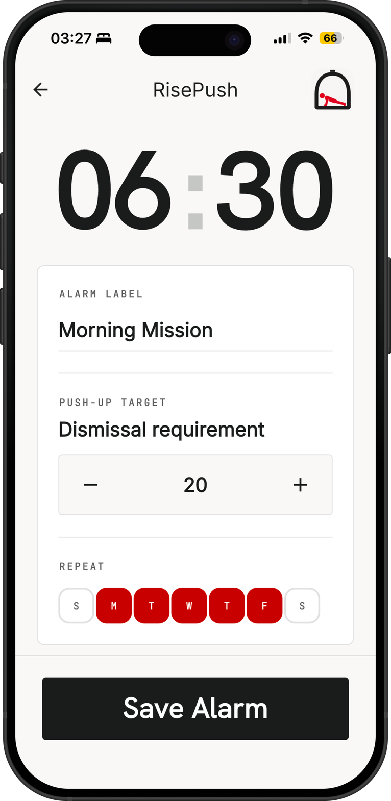RisePush alarm edit screen